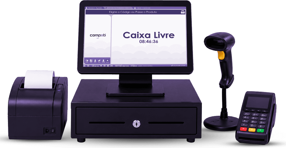 Sistema de Gestão Competi — PDV com monitor, impressora, gaveta, leitor e maquininha