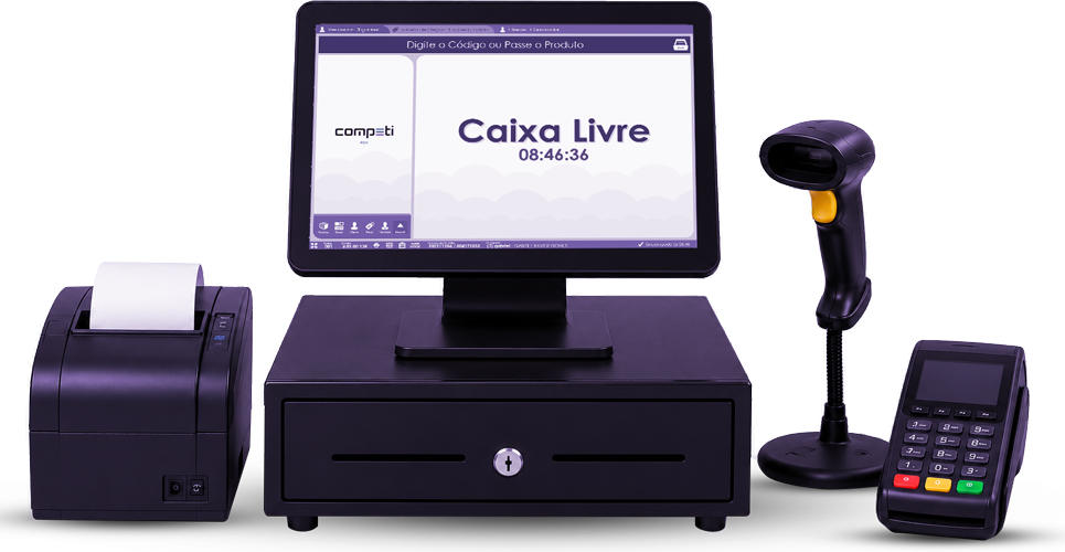 Sistema de Gestão Competi — PDV com monitor, impressora, gaveta, leitor e maquininha