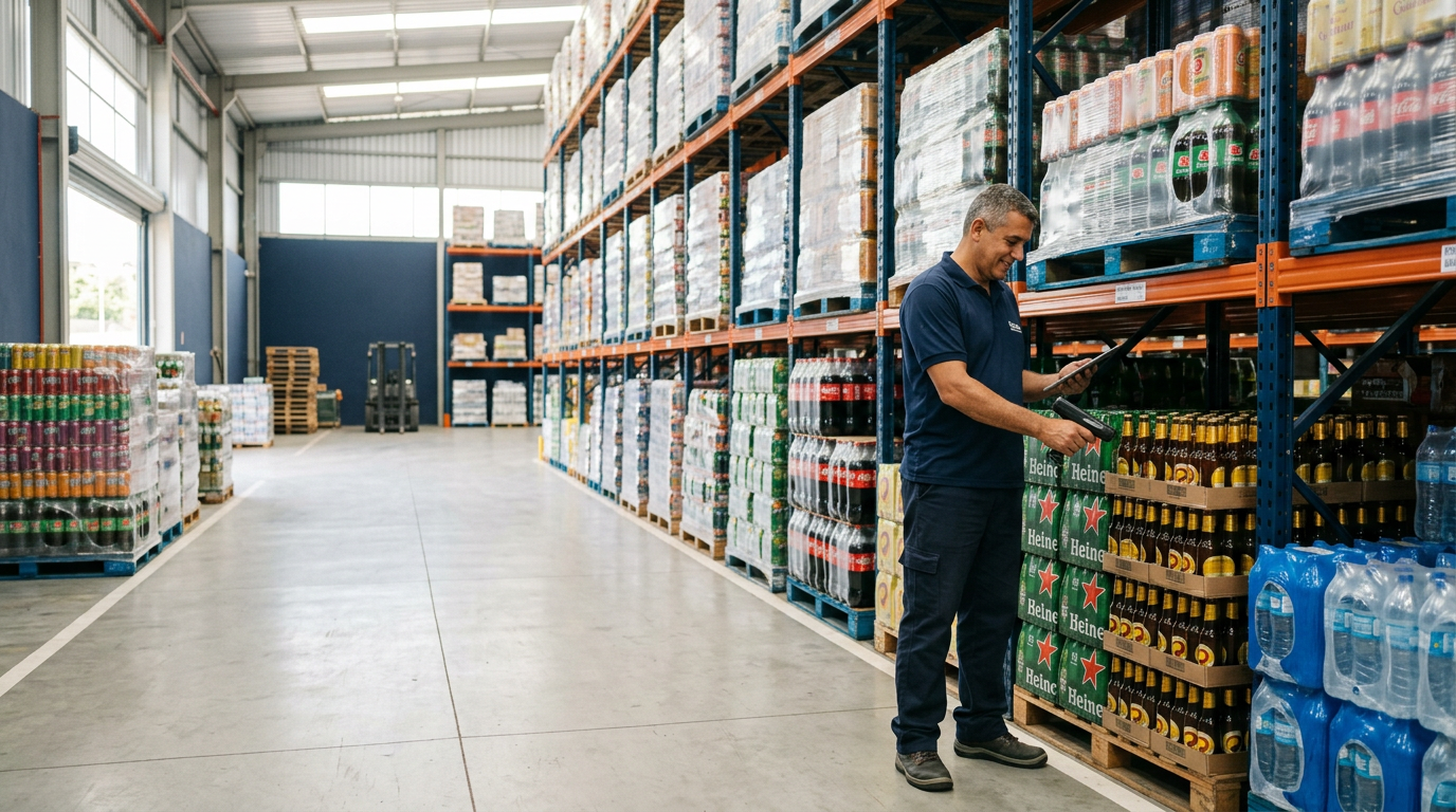 Estoque organizado de uma distribuidora de bebidas
