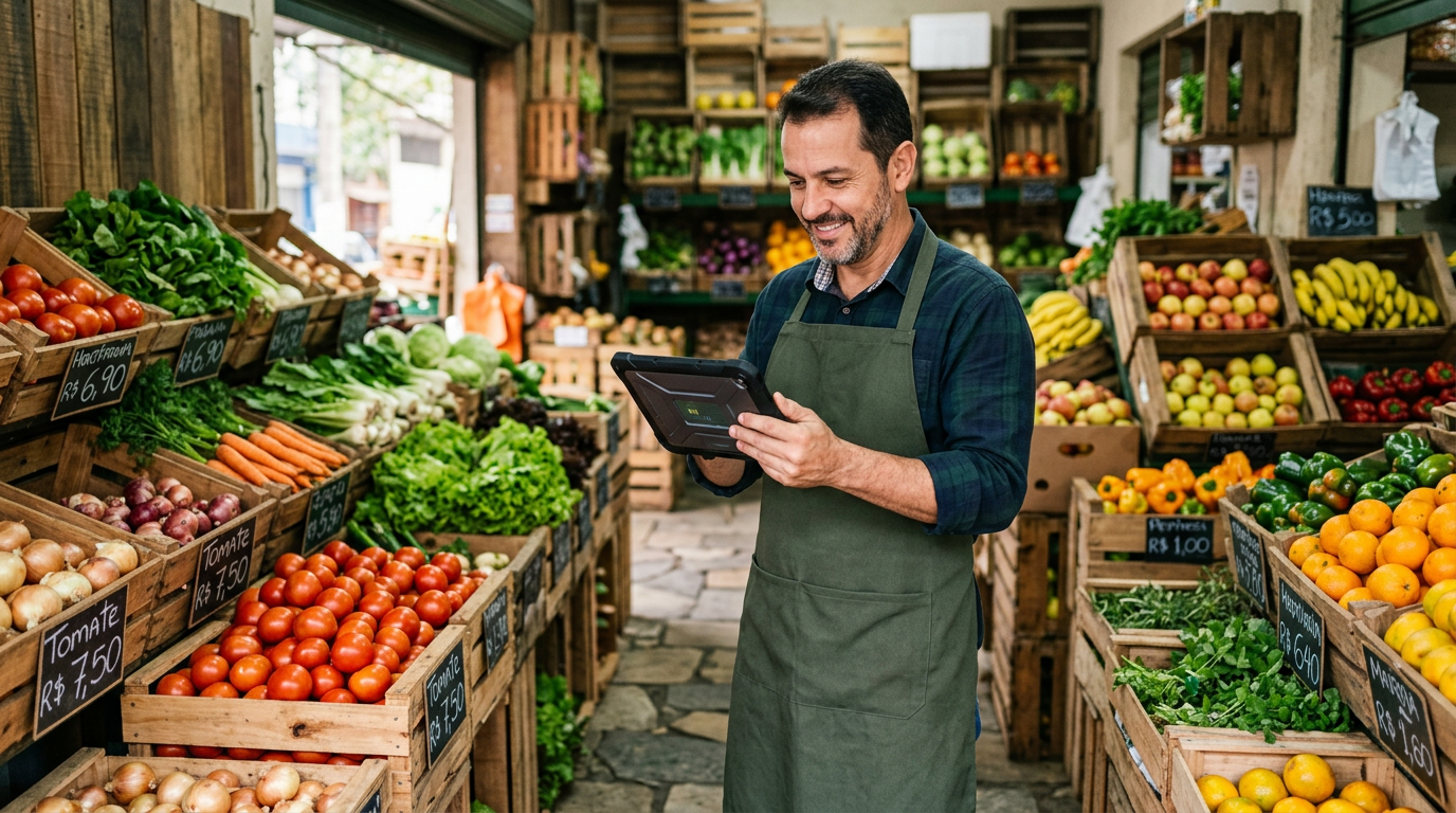 Dono de hortifruti conferindo o estoque em um tablet entre caixas de frutas e verduras