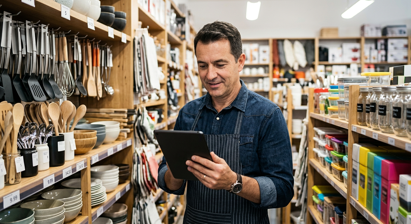 Dono de loja de utilidades conferindo o estoque em um tablet entre as prateleiras