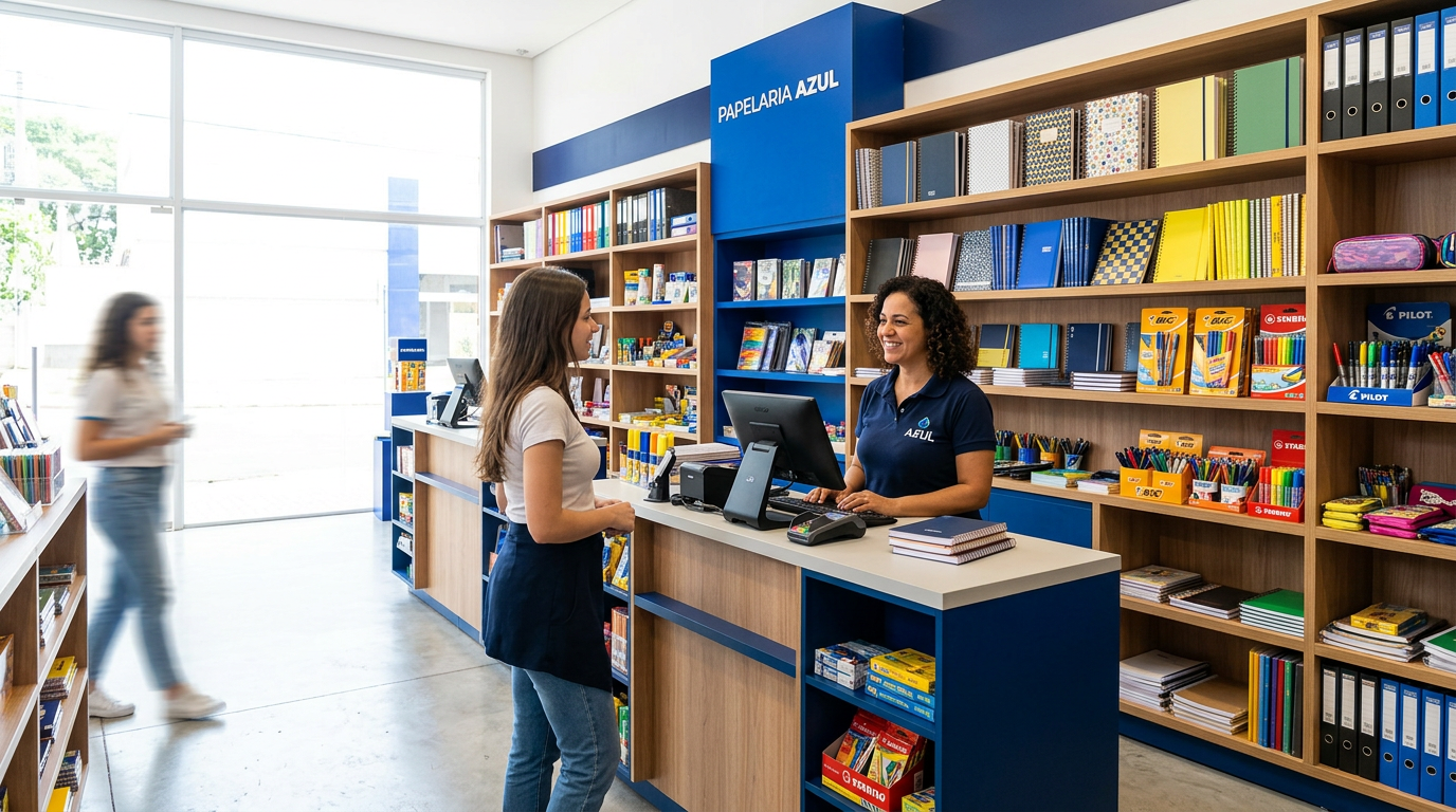 Papelaria organizada com cadernos, canetas, materiais escolares e balcão de atendimento